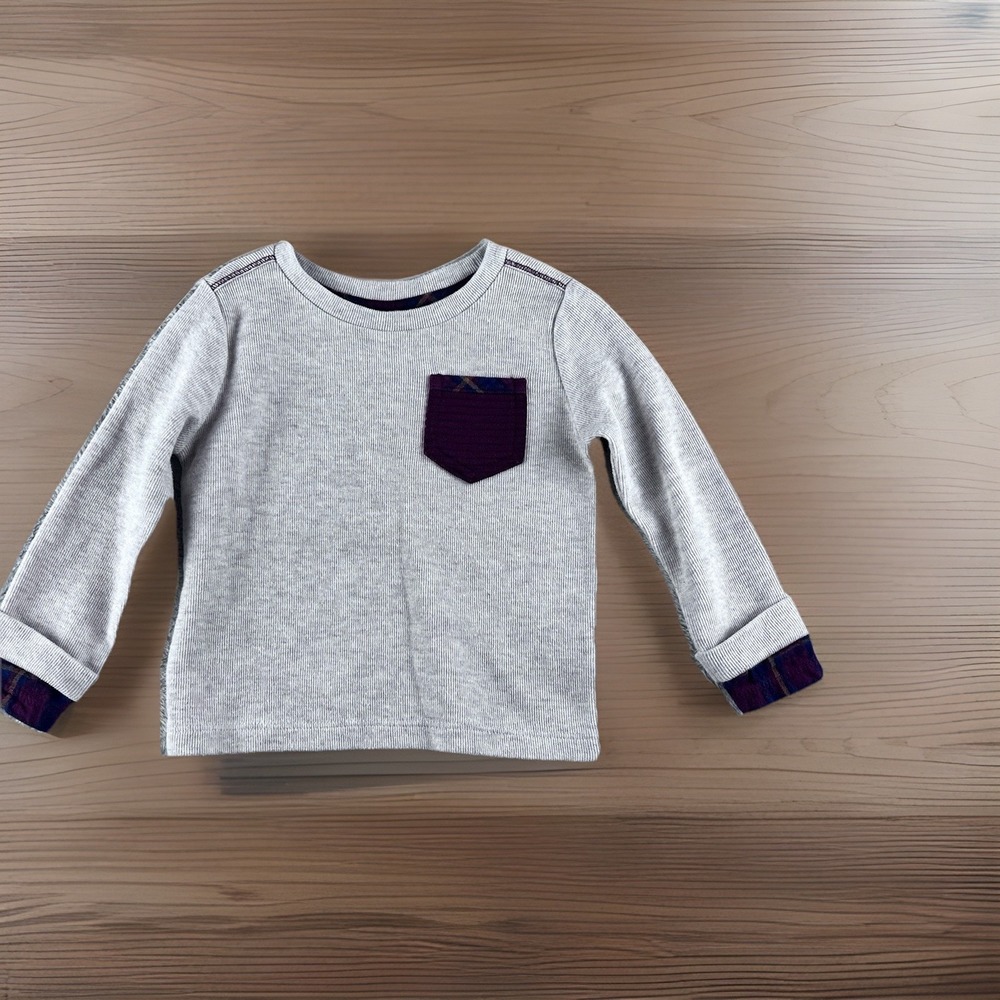 Wonder Nation Toddler 3T‎ Gray Long Sleeve Waffle Knit Shirt Plaid Cuff Pocket